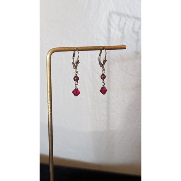 Vintage Garnet & Red Crystal Marked 925 Leverback Dangle Earrings - Picture 2 of 7